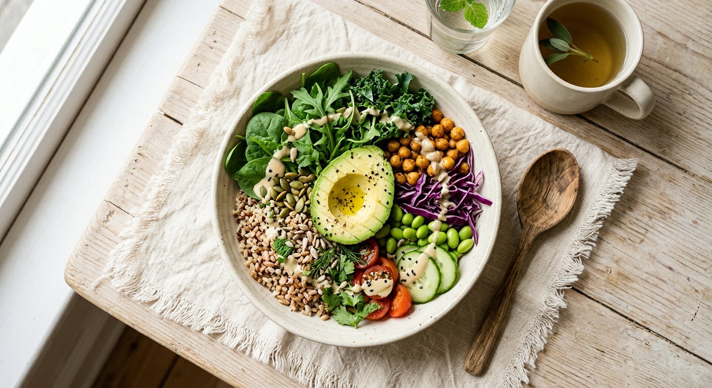A colorful nourishing bowl with greens, grains and avocado